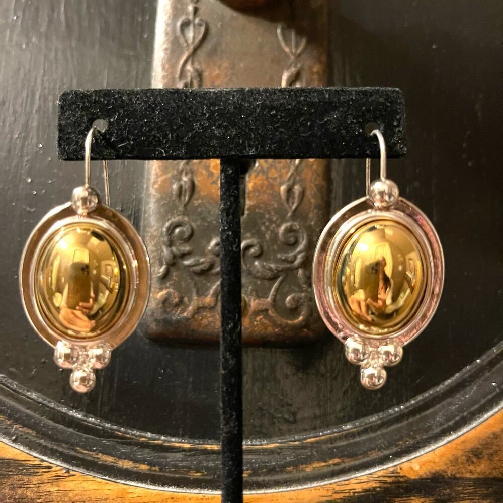 Vintage Gold Convex And Silver Tone Metal Oval Drop Earrings Retro Vibes
